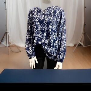 New Laurie Felt Lace Up Detail Shirt Sz M Blue Floral Pull On Blouse Top